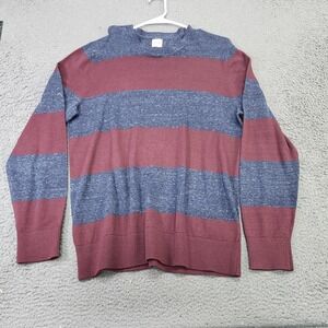 Striped Sweater Mens Large Blue Burgundy Knit Crewneck Pullover Long Sleeve